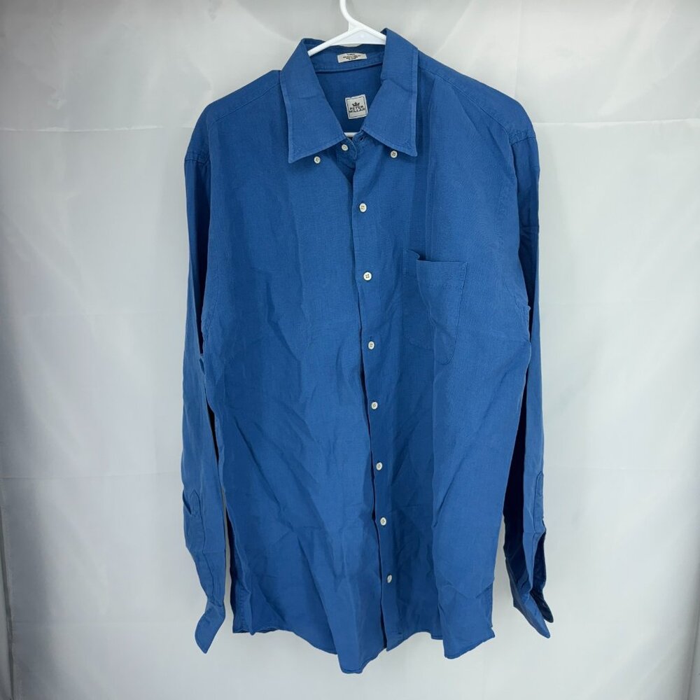 Peter Millar Men L Linen Silk Button Down Shirt Long Sleeve Blue Lightweight